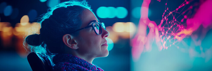 Woman in Glasses Contemplating a Network Visualization at Night