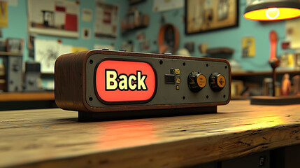 Retrostyle illuminated sign displaying Back in a vintage setting.  Perfect for website banners, nostalgic projects, or returncoming soon announcements.  The warm lighting adds a welcoming feel.
