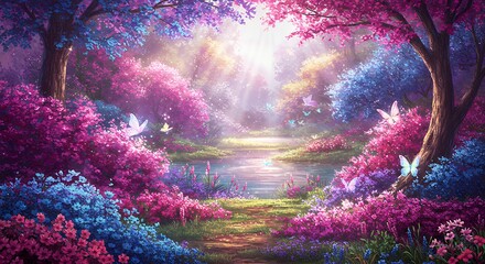 Fototapeta premium Magical Enchanted Forest Path with Butterflies and Flowers