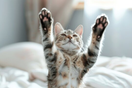 Cute tabby kitten waving its paws or stretching in bed, light bedroom background