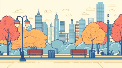 Obraz premium A monochrome banner showcases an urban park scene with trees, benches, and streetlights illustrated in colorful line art