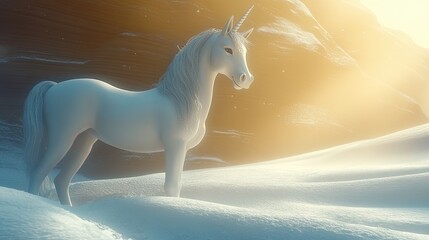 Dramatic Lighting Reveals a Pearlescent Unicorn Standing Majestically in a Winter Wonderland