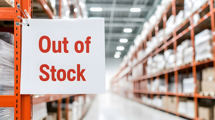 Out of Stock Sign on White Paper Board in Blurry Supermarket Background – Retail Supply Shortage, Shopping Availability, Product Demand, and Empty Shelf Notification Concept