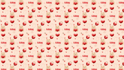 Seamless vector pattern with kittens and hearts on a beige, pink background. Valentine's Day