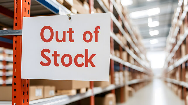 Out of Stock Sign on White Paper Board in Blurry Supermarket Background – Retail Supply Shortage, Shopping Availability, Product Demand, and Empty Shelf Notification Concept