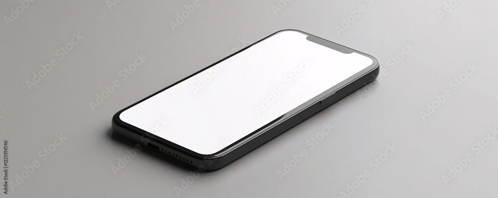 Poster Modern smartphone showing empty white screen lying on grey table