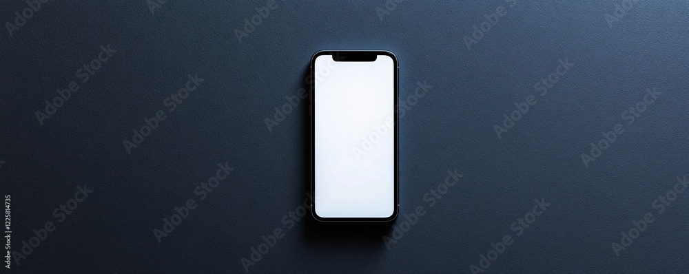 Poster modern smartphone displaying blank white screen on dark blue background