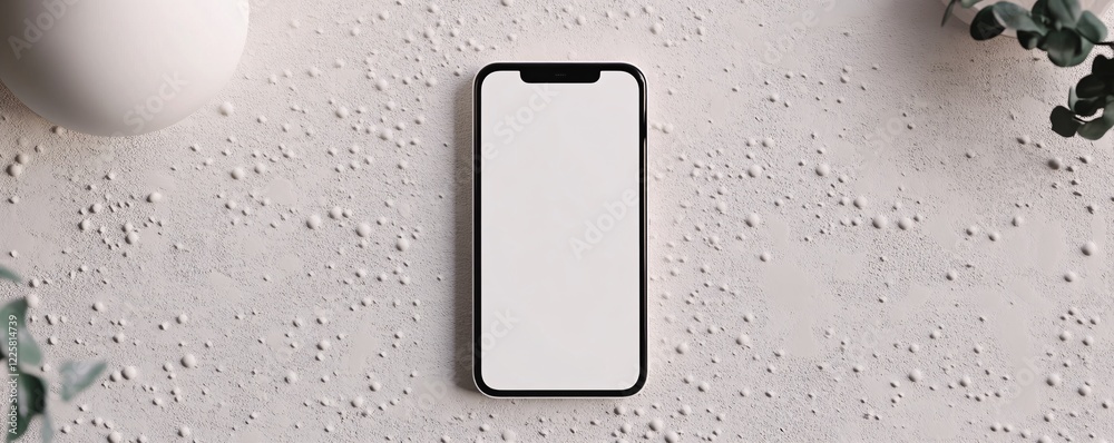 Aufkleber modern smartphone showing empty screen lying on white textured desk with eucalyptus branches and geo