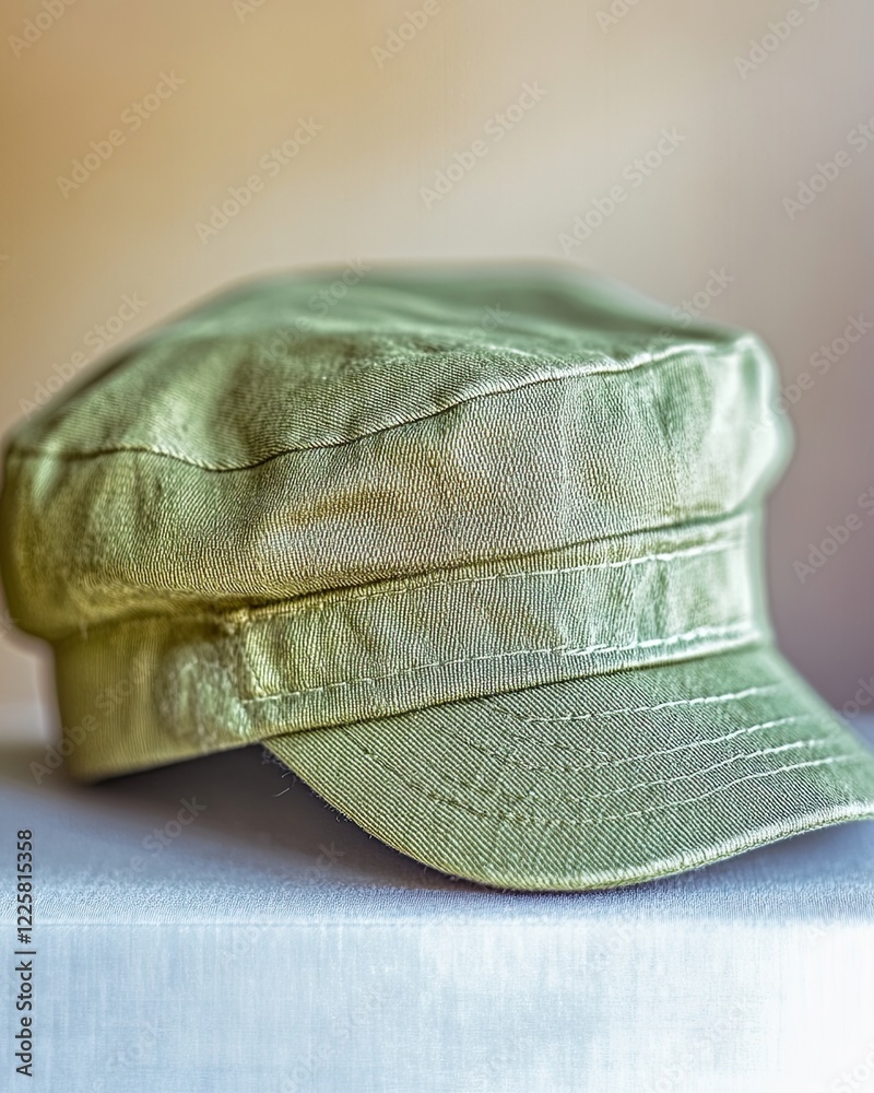 Poster simple military cap resting on a smooth surface showcases minimalistic design elegance