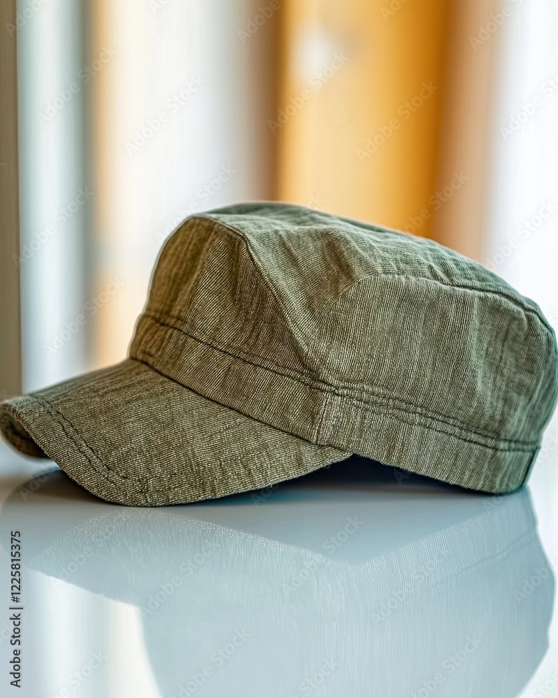 Poster Military Cap Rests on a Smooth Surface, Highlighting Its Clean Lines in a Minimalist Setting
