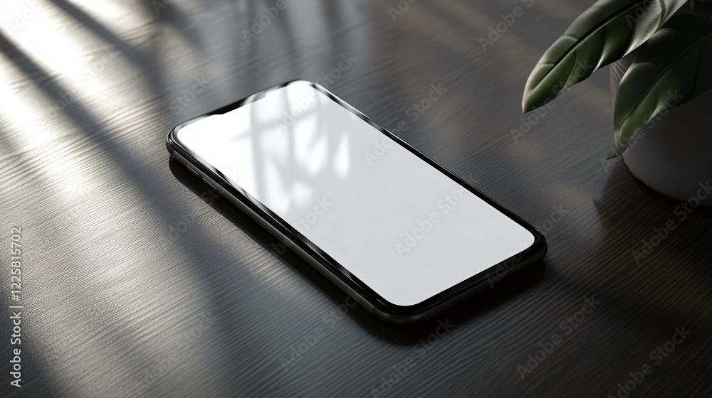 Aufkleber modern smartphone lying on desk with blank screen reflecting sunlight from window