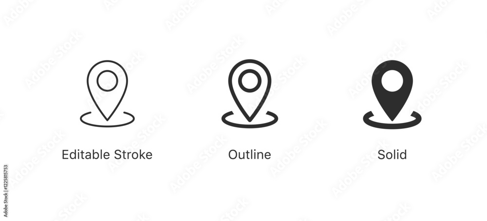 Poster location pin icon, map pointer icon in editable stroke, outline, solid and filled style