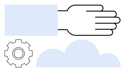 Outlined hand, gear, and cloud arranged simply. Ideal for teamwork, technology, process, creativity, innovation collaboration workflow. Minimal abstract line flat metaphor