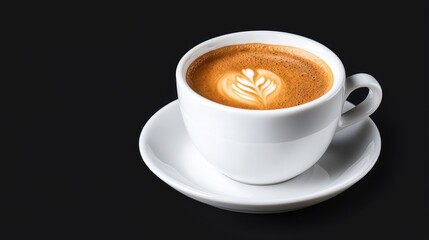 Fototapeta premium Latte art coffee cup, dark background, cafe setting, beverage menu image