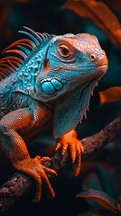 Fototapeta premium HD Phone Wallpaper Vibrant Green Iguana Reptile on Branch Close up Portrait Detailed Texture Vivid Colors