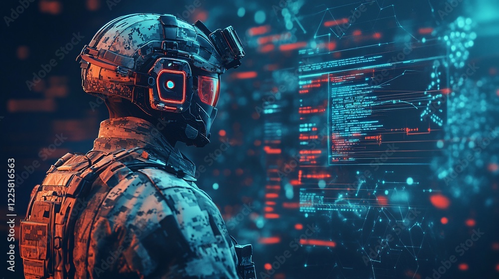 Poster Military cyber security specialist analyzing data using futuristic head up display