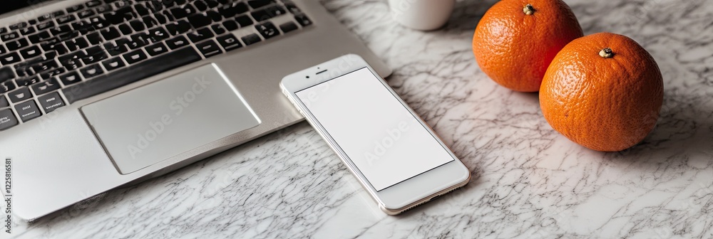 Poster smartphone mockup with a blank screen on a clean desk with oranges and a laptop