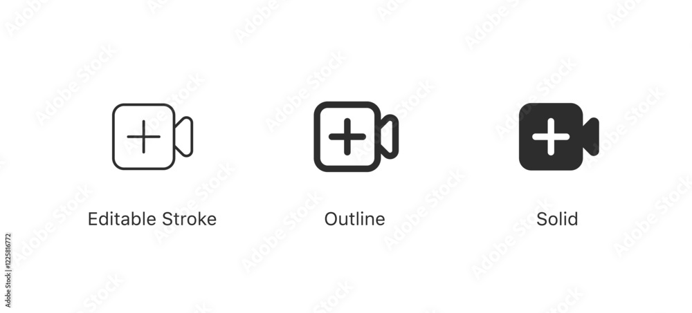 Poster video camera icon with plus symbol , add new video icon | in editable stroke, outline, solid style