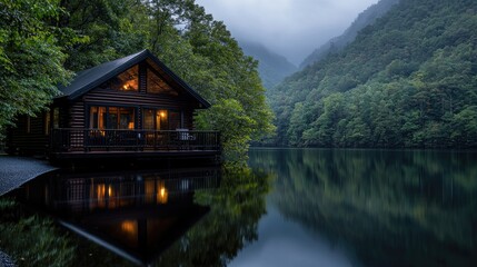 Fototapeta premium Lakeside cabin at dusk, nestled in a serene mountain valley. Vacation rental, peaceful escape