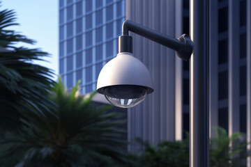 Modern street light at twilight near skyscrapers in an urban setting