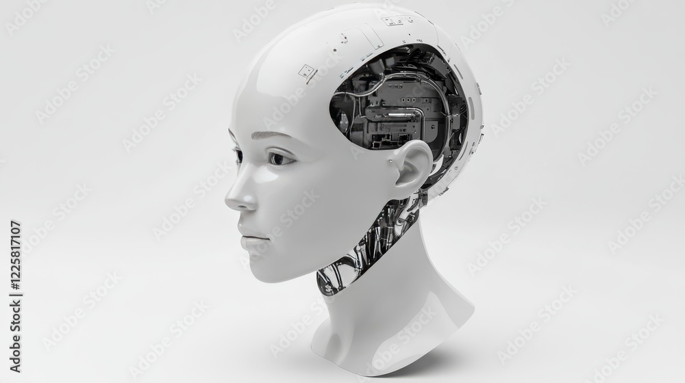 Poster artificial intelligence in humanoid head with neural network thinks. ai with digital brain is learni
