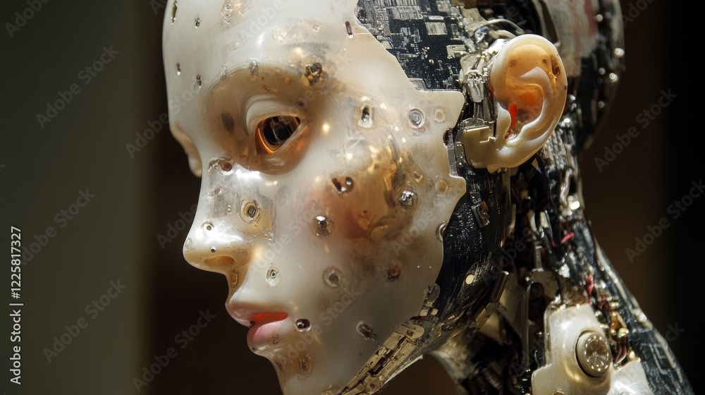 Poster artificial intelligence in humanoid head with neural network thinks. ai with digital brain is learni