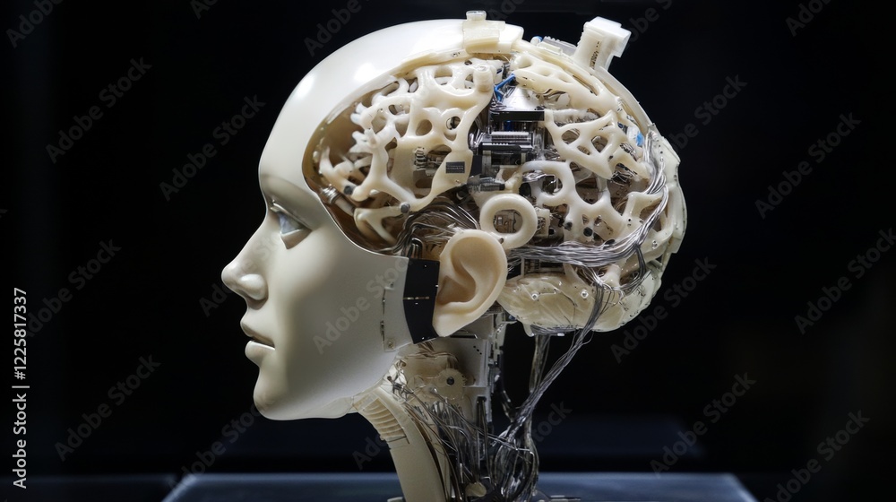 Poster artificial intelligence in humanoid head with neural network thinks. ai with digital brain is learni