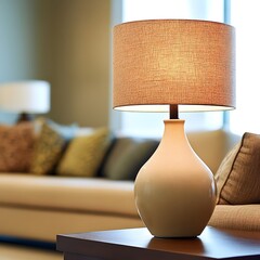 Elegant Beige Table Lamp with Linen Shade in Living Room