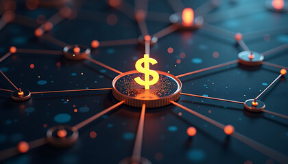 Digital dollar sign symbolizing financial transactions on dark background