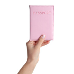 Woman holding passport in pink cover on white background, closeup