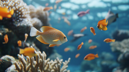 Obraz premium A vibrant underwater scene showcasing colorful fish and a thriving coral reef, highlighting ocean wildlife
