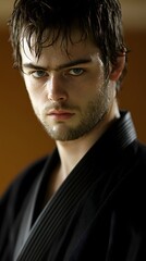 Obraz premium Closeup Portrait Sweaty Man Black Gi Martial Arts