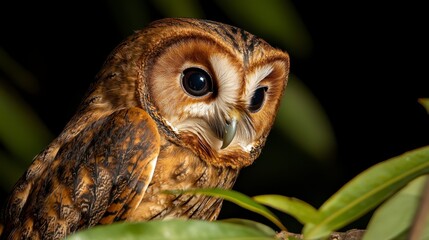 Obraz premium Owl in Twilight, a majestic owl perched amidst dusky hues, showcasing intricate feather details and captivating gaze in soft evening light