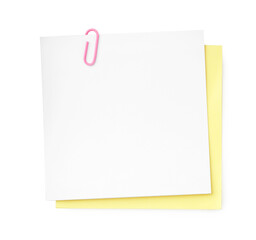 Blank paper notes attached with clip isolated on white, top view