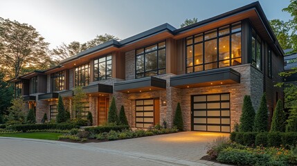 Modern townhouses, evening light, tree-lined street, suburban setting, real estate listing