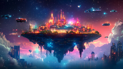 Obraz premium Crystal palace, floating island, futuristic cityscape, where cars fly and buildings glow, under a perpetual neon-tinted night sky. crystal palace. illustration. Eternal Sky. Illustration
