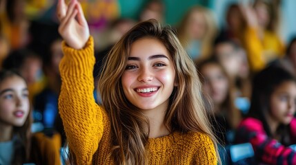 Fototapeta premium Young Woman Raises Her Hand in a Classroom Setting