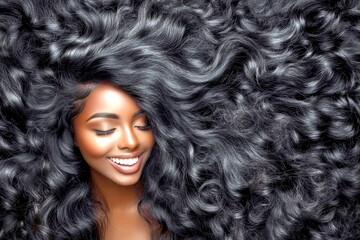 Fototapeta premium Long haircut - curly hair. Stunning smiling black girl - for ads, billboard and social platforms use. Commercial digital ads conceptual art. Advertising concept. Beautiful black girl.