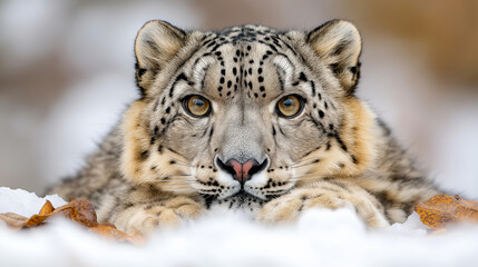 Fototapeta premium A close-up of a snow leopard resting on snowy terrain, symbolizing wildlife conservation and protection