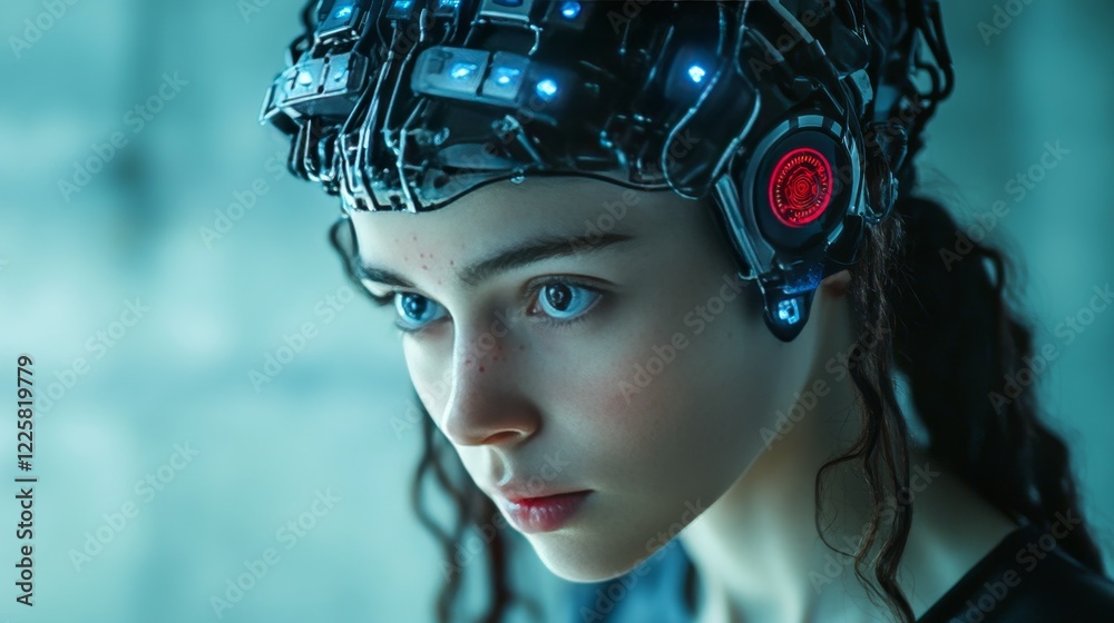 Poster artificial intelligence in image of cyborg girl with electronic brain. neural network trained using 