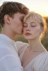 Young Couple's Romantic Golden-Hour Kiss