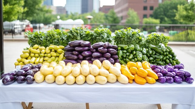 Freshly harvested vegetables including eggplants, squash, and peppers displayed on a table at an outdoor urban farmers market.