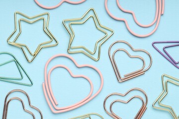 Different paper clips on light blue background, flat lay