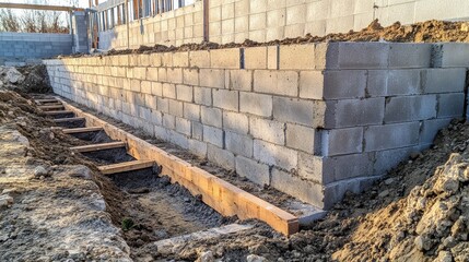 A construction project using cement blocks A wall made of concrete bricks Construction base groove Construction site