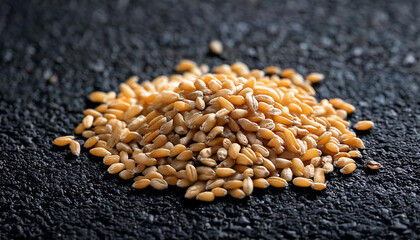 Fototapeta premium Close-up of a pile of light brown wheat grains on a dark textured surface. High-quality image perfect for food blogs, culinary websites, or agricultural publications.