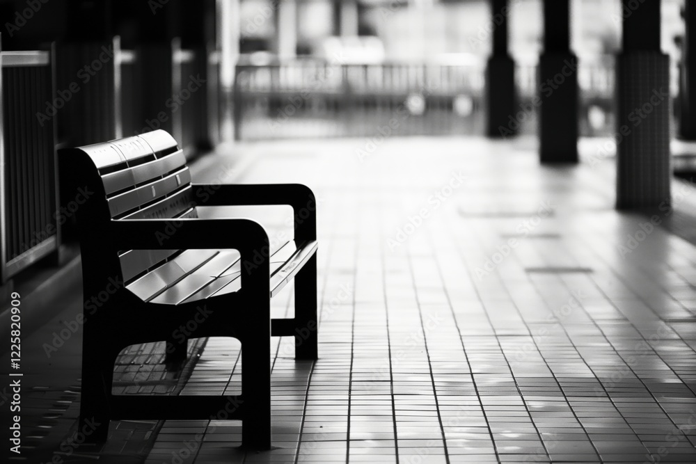 Poster a black bench sits on a sidewalk in front of a building. the bench is empty and the sidewalk is empt