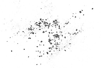 Black coal dust isolated on a white background, view from above. Charcoal dust scattered, coal powder.