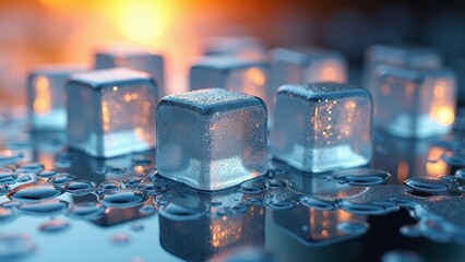 Melting ice cubes on a wet reflective surface illuminated by warm sunset light	