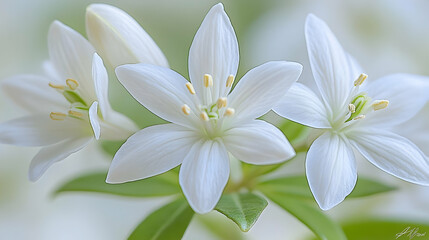 Fototapeta premium Close-up of three white flowers, soft focus background, nature photography, ideal for greeting cards