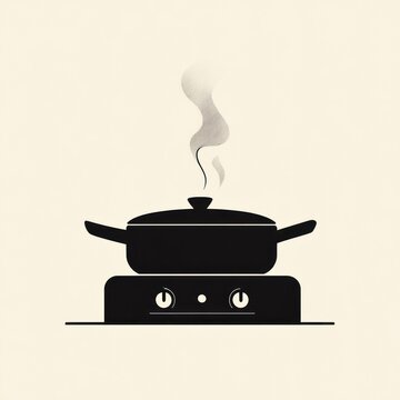 recommend clip art: Silhouette of a pot on a stove, steam rising. Kitchen scene, simple design. Ideal for cooking, food, or restaurant imagery